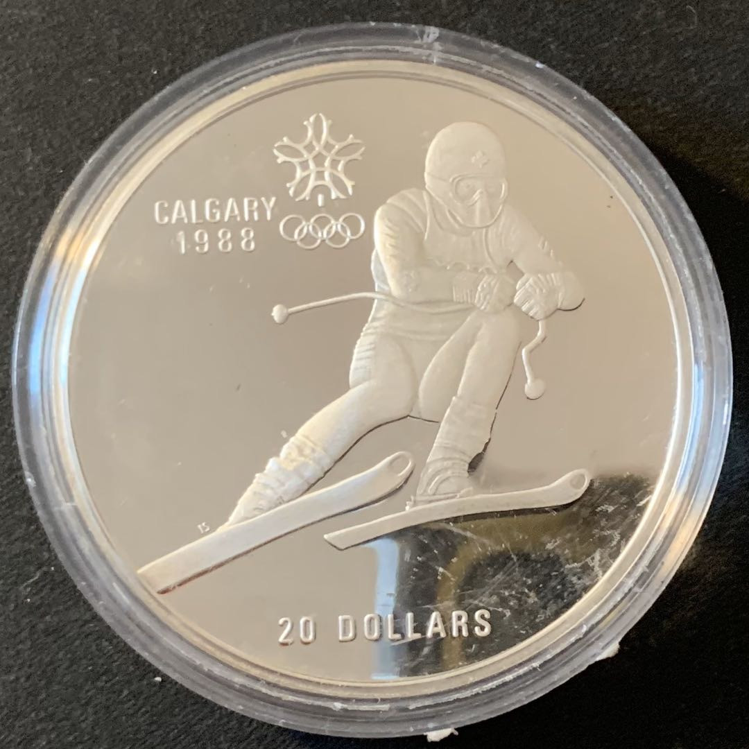 紫瑗钱币—微拍第28期  加拿大 1985年 卡尔加里冬奥运 越野滑雪 20元 银币 34.1克 0925银 精制