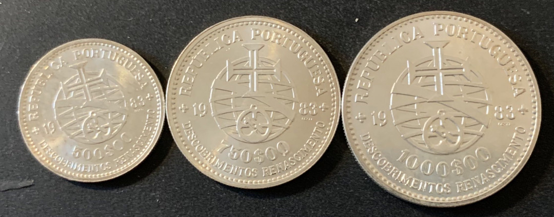 紫瑗钱币—微拍第28期  葡萄牙 1983年 17届欧洲博览会 500 750 1000埃斯库多 三枚 共40.5克 0.835银 BU