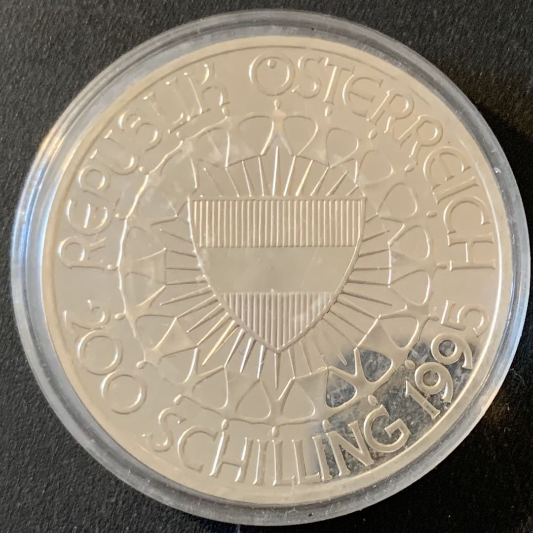 紫瑗钱币—微拍第28期  奥地利 1995年  奥运百年 滑雪 200先令 银币 精制 33.63克 0.925银 精制