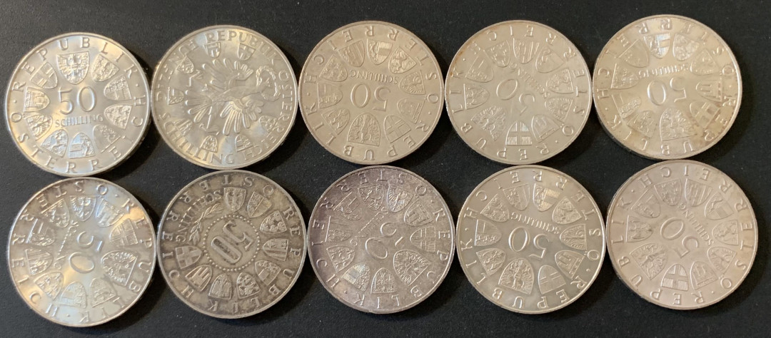 紫瑗钱币—微拍第28期  奥地利 50先令 高银版 10枚一组 不同品种 共400克 0.9银