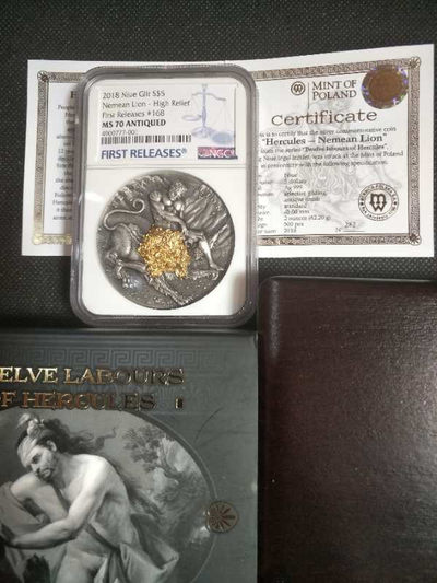 【币观天下】第九十八期钱币拍卖 - 【纽埃】2018高浮雕系列大力神蓝标ngc70，号码168