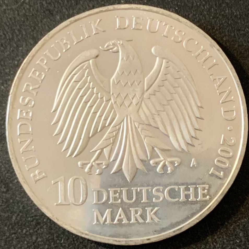 紫瑗钱币—微拍第28期  德国 2001年 A厂 国家古生物博物馆750周年 10马克 15.5克 0.925银 