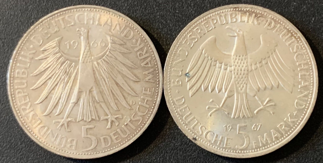 紫瑗钱币—微拍第28期  德国 1966 1967年 莱布尼茨150周年 洪堡兄弟 5马克 共22.4克  0.625银