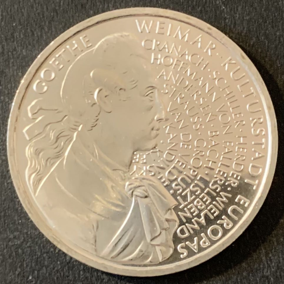紫瑗钱币—微拍第28期  德国 1999年 F厂 歌德诞辰250周年 10马克 15.5克 0.925银