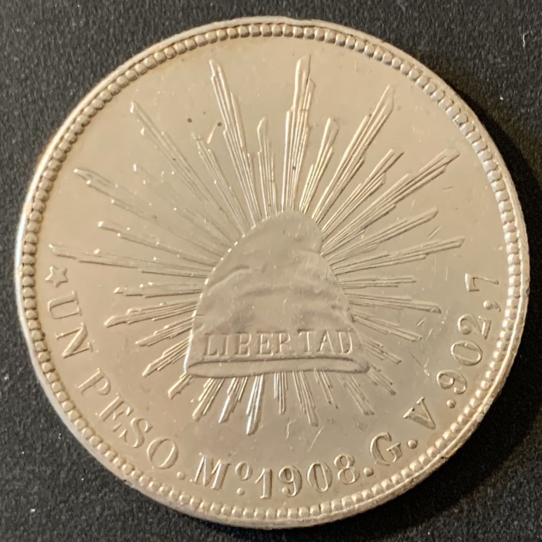 紫瑗钱币—微拍第28期  墨西哥 1908年 MO GV 1比索  直边鹰洋