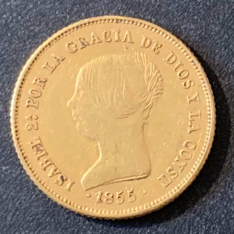 紫瑗钱币—微拍第28期  西班牙 1855年 伊莎贝拉 猪妹 100里亚尔 8.34克 0.9金
