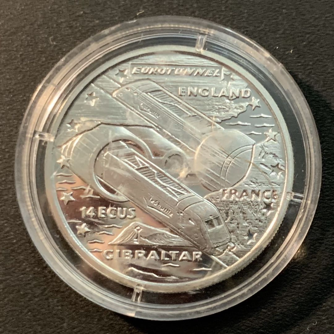 紫瑗钱币—微拍第29期  直布罗陀 1993年 英法海底隧道通车百年  14埃局 10克 0.925银 精制