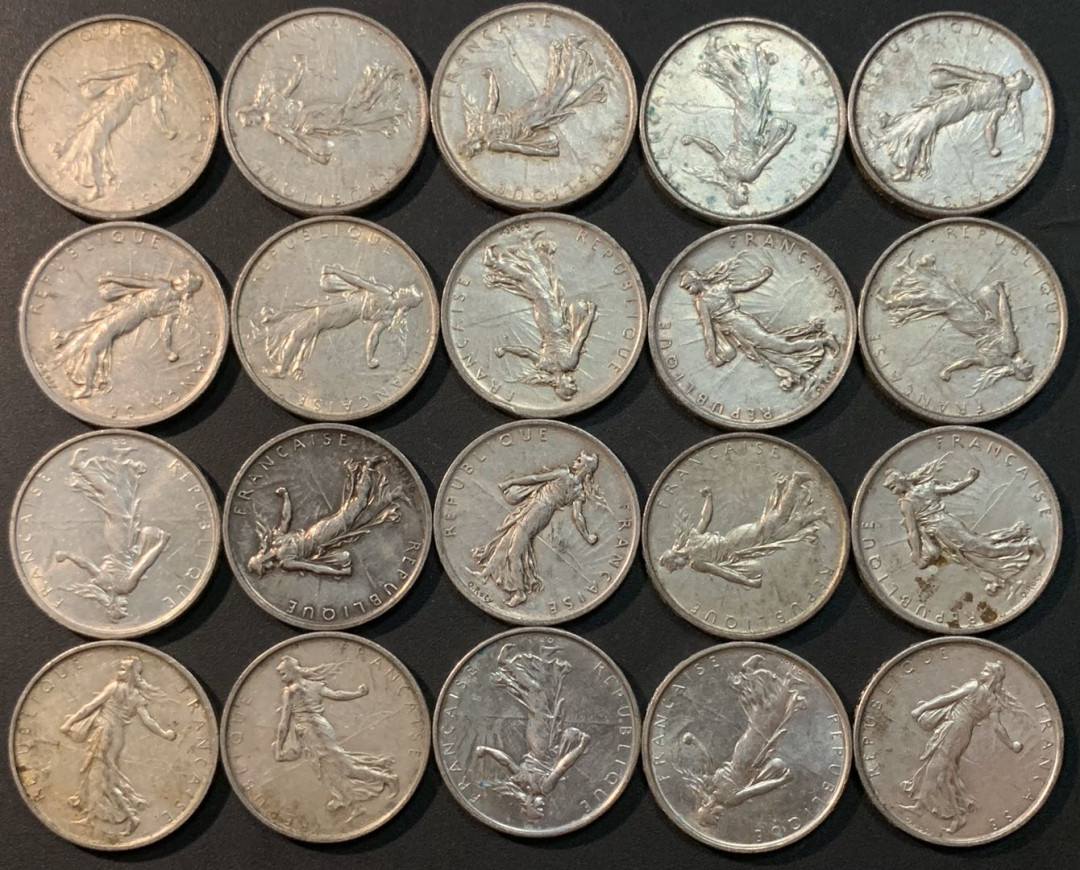 紫瑗钱币—微拍第29期  法国 1960—1969年 播种 5法郎 20枚一组 共240克 0.835银