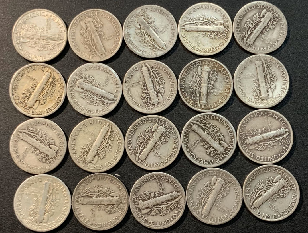 紫瑗钱币—微拍第29期  美国 1916—1945年 小飞侠 10美分 一组20枚 共50克  0.9银