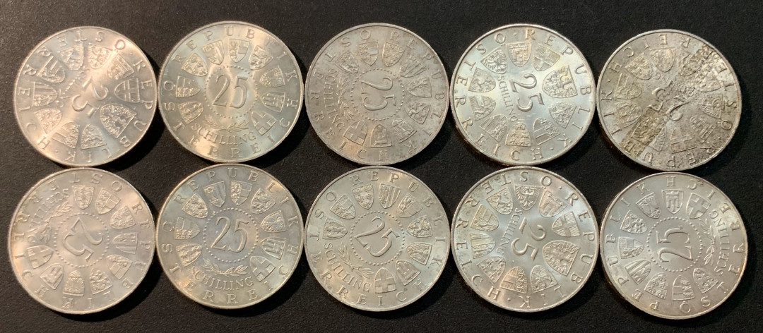 紫瑗钱币—微拍第29期  奥地利 25先令 各不相同 10枚一组 共130克 0.8银