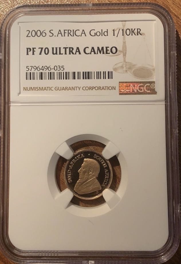 紫瑗钱币—微拍第29期  南非 2006年 1/10克鲁格 3.393克 0.917金 （0.1盎司纯金）NGC PR70 UC