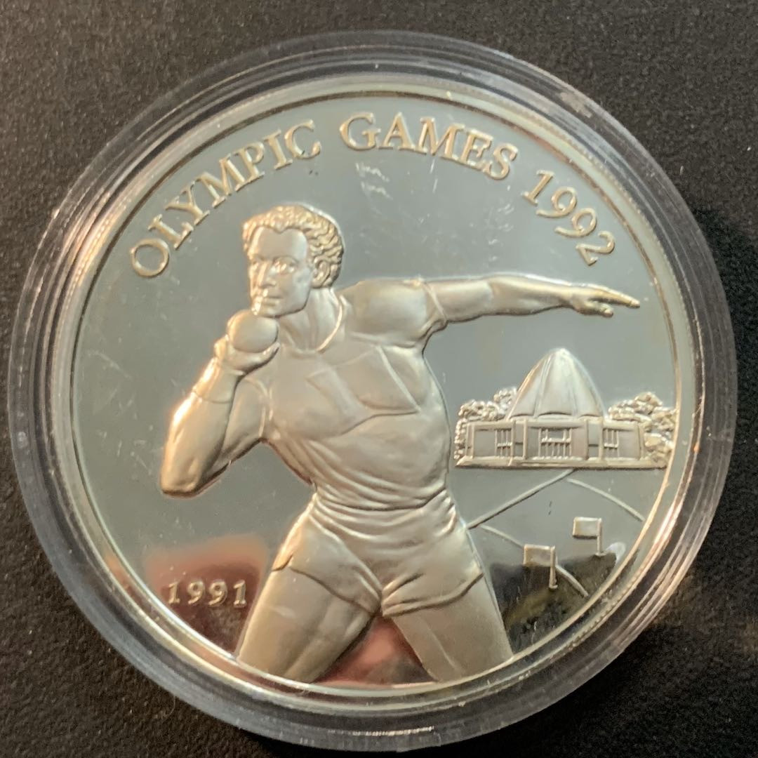 紫瑗钱币—微拍第29期  萨摩亚 1991年  巴塞罗那奥运会 铅球 10元 31.47克 0.925银 精制