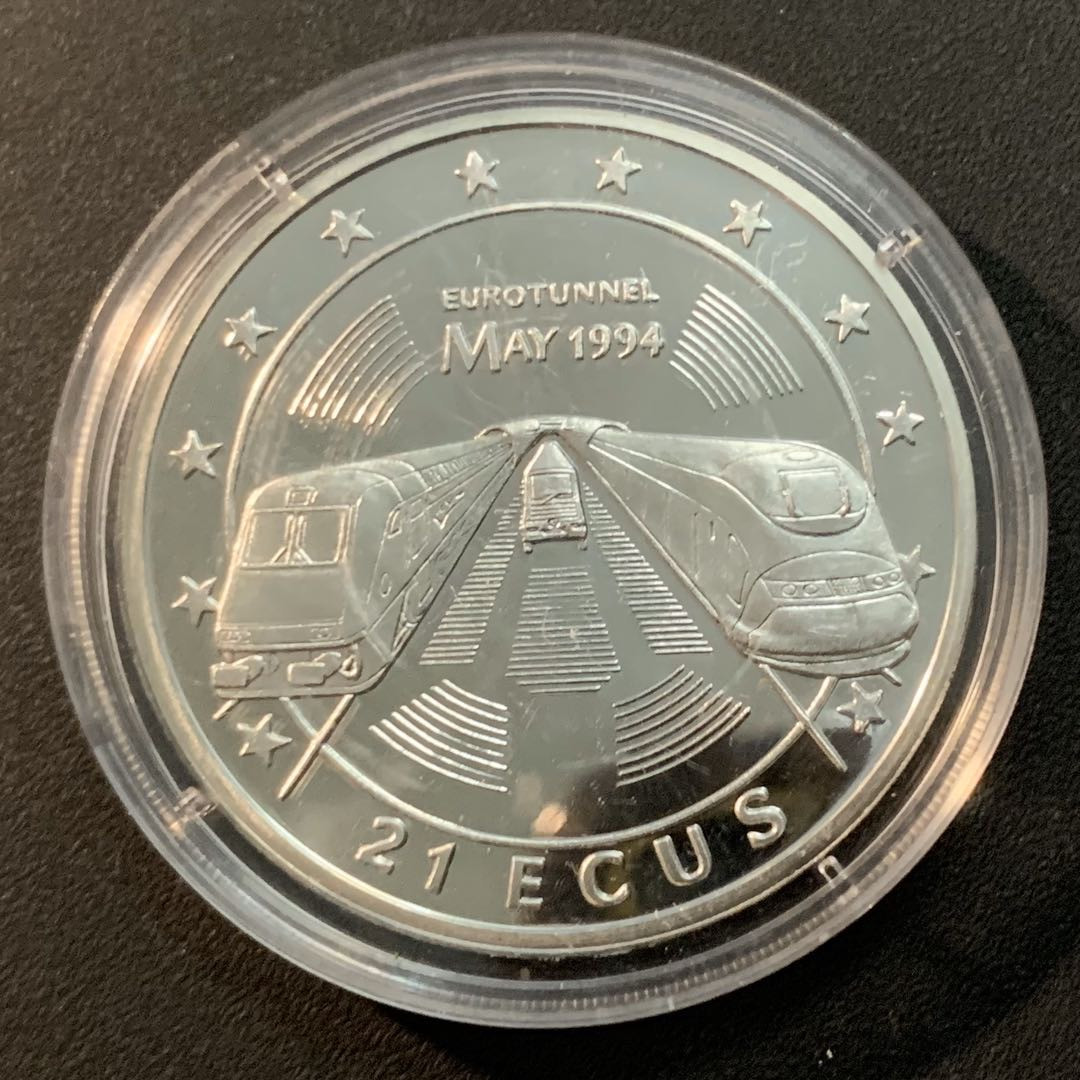 紫瑗钱币—微拍第29期  直布罗陀 1994年 英法隧道通车百年 21埃局 25克 0.925银 精制