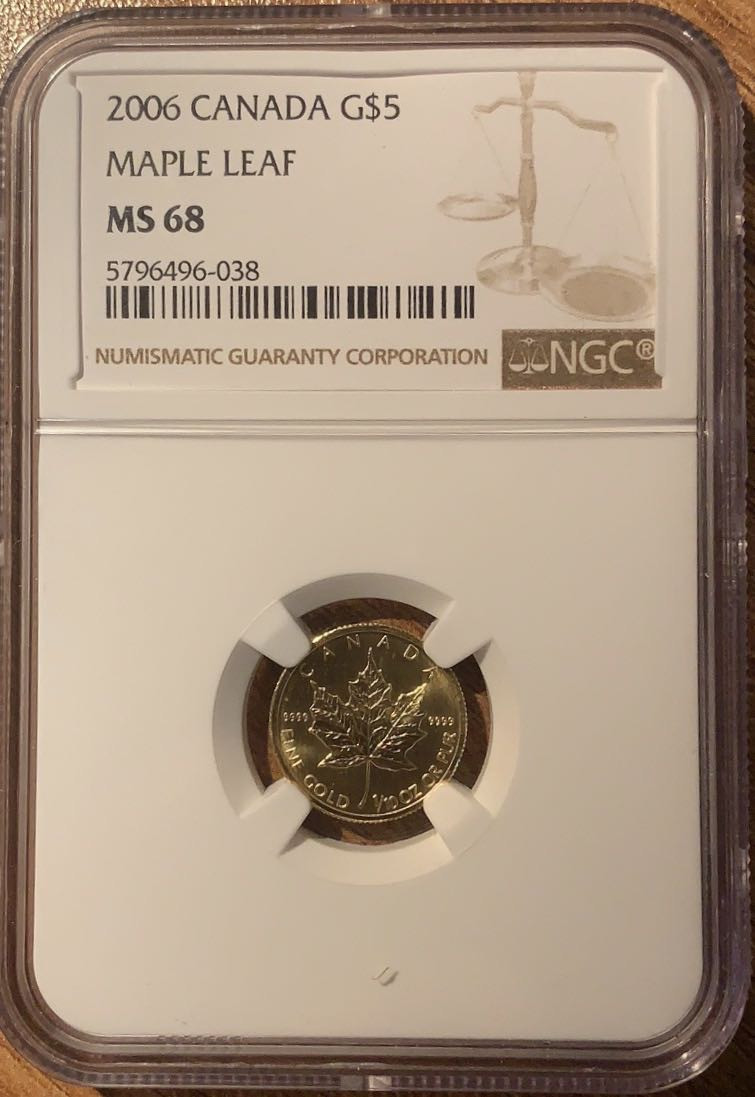 紫瑗钱币—微拍第29期  加拿大 2006年 枫叶 5元 1/10盎司 3.11克 0.9999金 NGC MS68