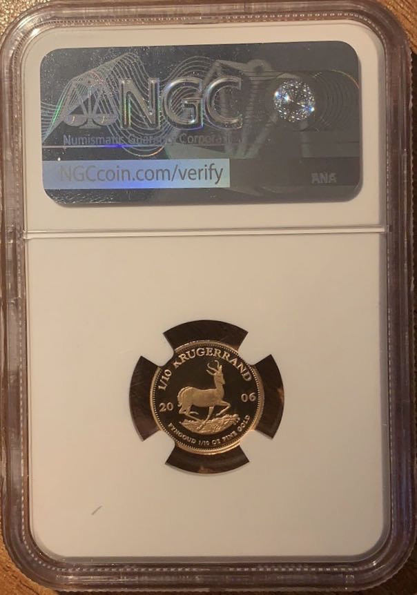 紫瑗钱币—微拍第29期  南非 2006年 1/10克鲁格 3.393克 0.917金 （0.1盎司纯金）NGC PR70 UC