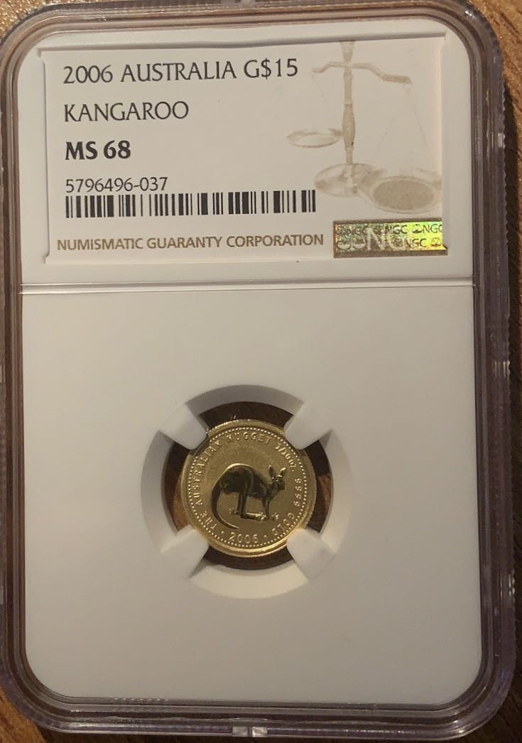 紫瑗钱币—微拍第29期  澳大利亚 2006年 袋鼠 15元 1/10盎司 3.11克 0.9999金 NGCMS68