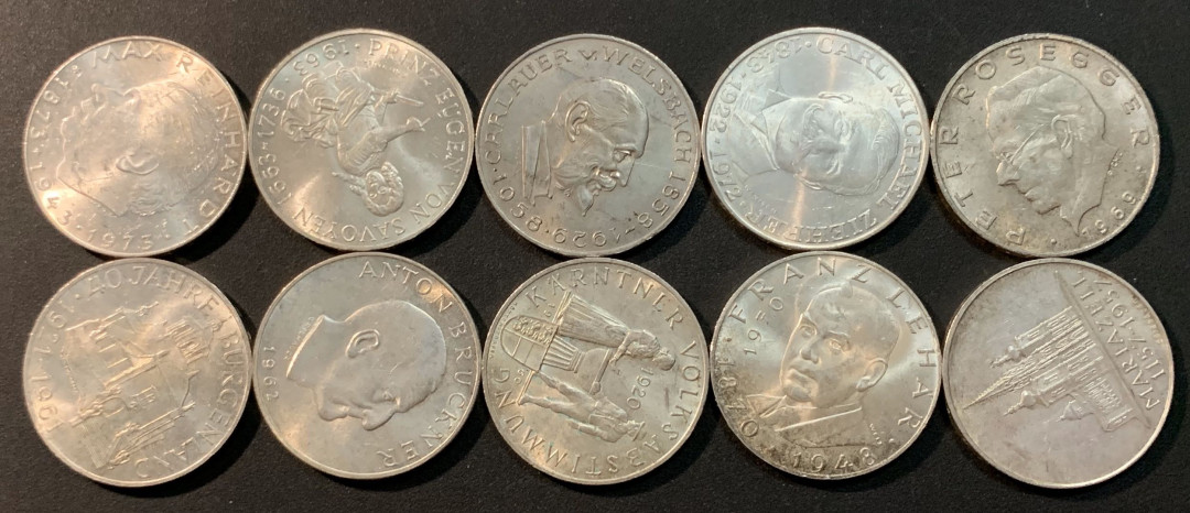 紫瑗钱币—微拍第29期  奥地利 25先令 各不相同 10枚一组 共130克 0.8银