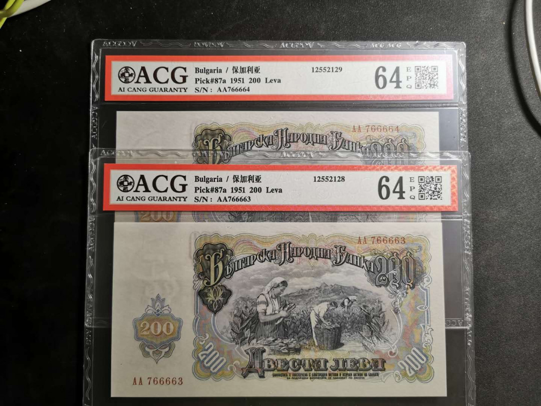 【鲸贝乐淘】千字文·第“白驹食场”号拍卖 【保加利亚】1951年200列弗，两连号一起，大票幅苏联代印，爱藏64E