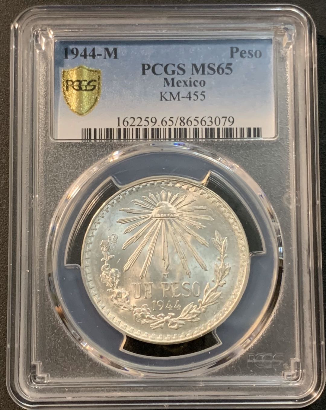 紫瑗钱币—微拍第29期  墨西哥 1944年 鹰洋 1比索 16.6克 PCGS MS65