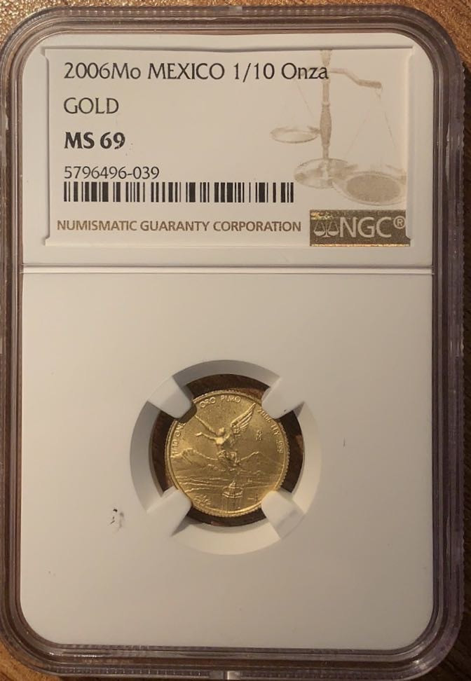 紫瑗钱币—微拍第29期  墨西哥 2006年 天使 1/10盎司 3.11克 0.999金 NGC MS69