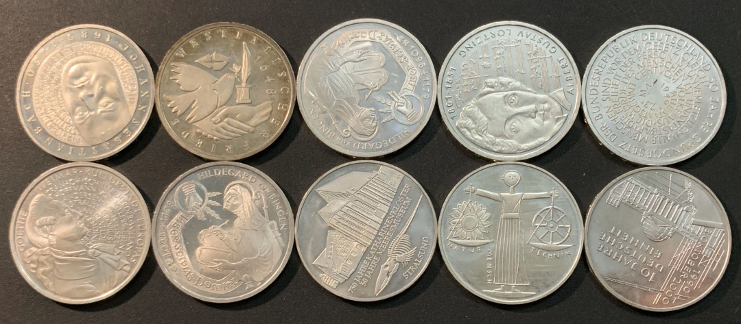紫瑗钱币—微拍第29期  德国 10马克 高银版 10枚一组 不同品种 共 155克 0.925银