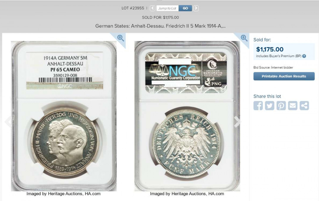 凡希社世界钱币微拍第一百十一期 荐！1914安哈特精制5马克大银PCGS-PF65CAM五彩亚军分！