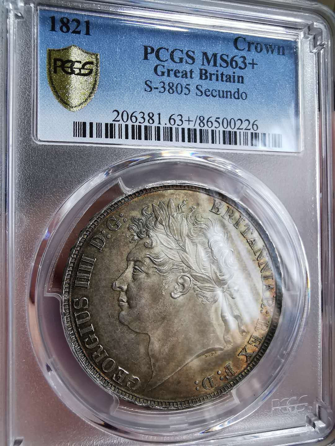 凡希社世界钱币微拍第一百十一期 稀！1821英国乔治四世马剑大银PCGS-MS63+五彩收藏级！