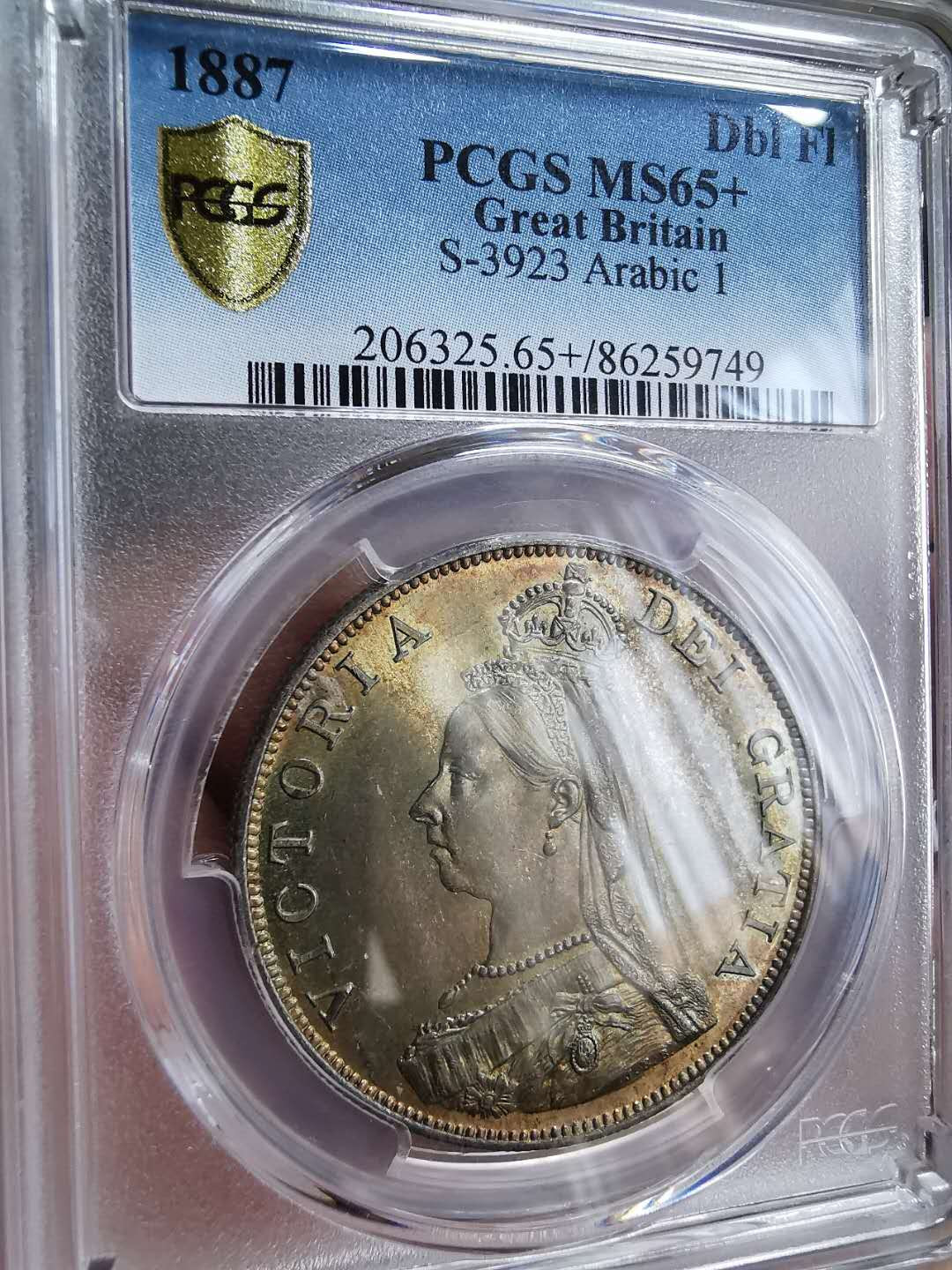 凡希社世界钱币微拍第一百十一期 荐！1887英国老维双佛罗林大银PCGS-MS65+五彩收藏级！