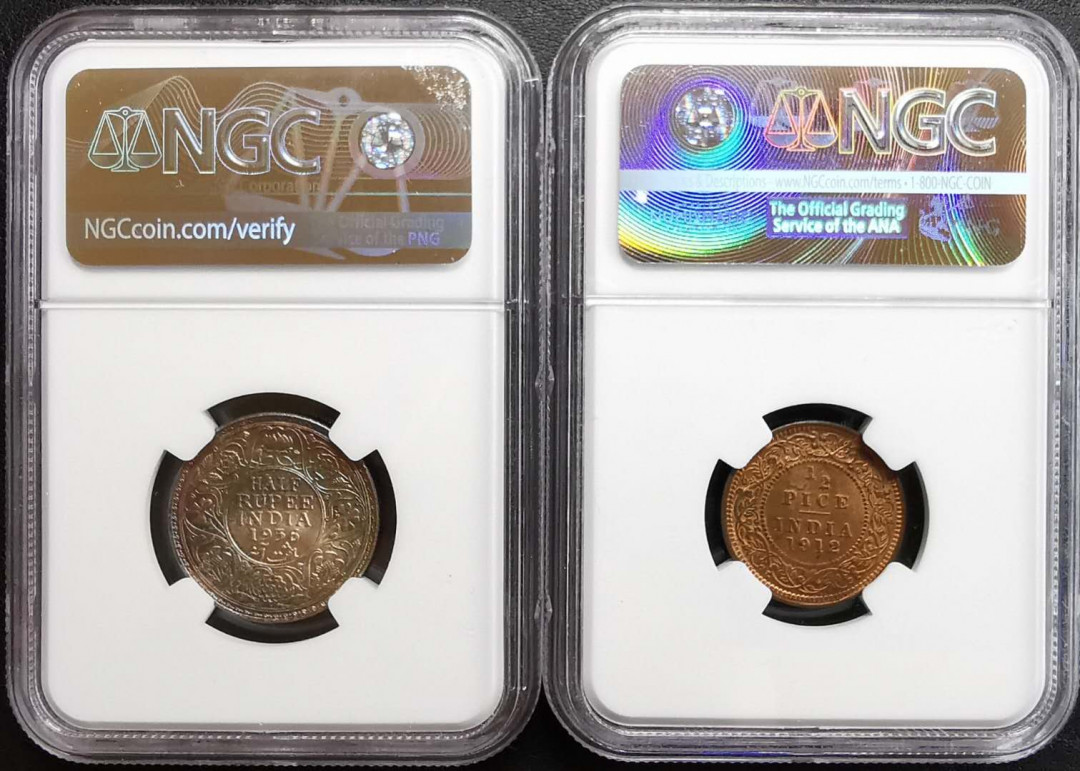 凡希社世界钱币微拍第一百十一期 1911-36英属印度乔五银铜一对NGC-MS64五彩！