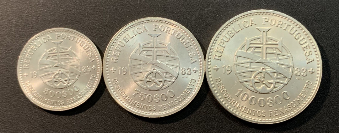紫瑗钱币—微拍第32期  葡萄牙 1983年 17届欧洲博览会 500 750 1000埃斯库多 三枚 共40.5克 0.835银 BU
