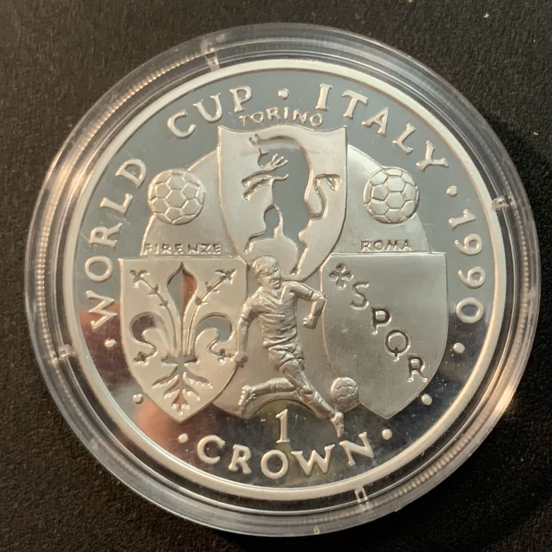 紫瑗钱币—微拍第32期  马恩岛 1990年 意大利世界杯 1克朗 28.28克 0.925银 精制