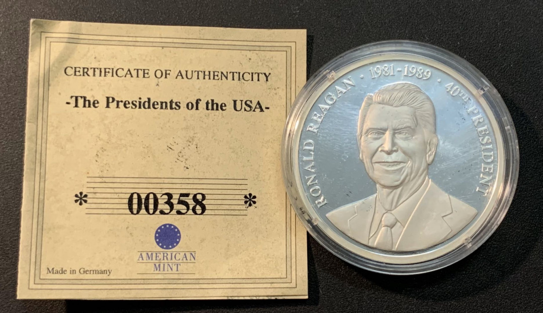 紫瑗钱币—微拍第32期  美国 1998年 第40任总统 罗纳德·里根 银章 20克 0.999银 精制 带证书