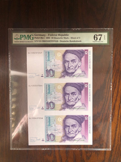 【鲸贝乐淘】千字文·第“化被草木”号拍卖 - 珍稀，德国🇩🇪末版1993年三连体，高斯，p m g 67唯一冠军分