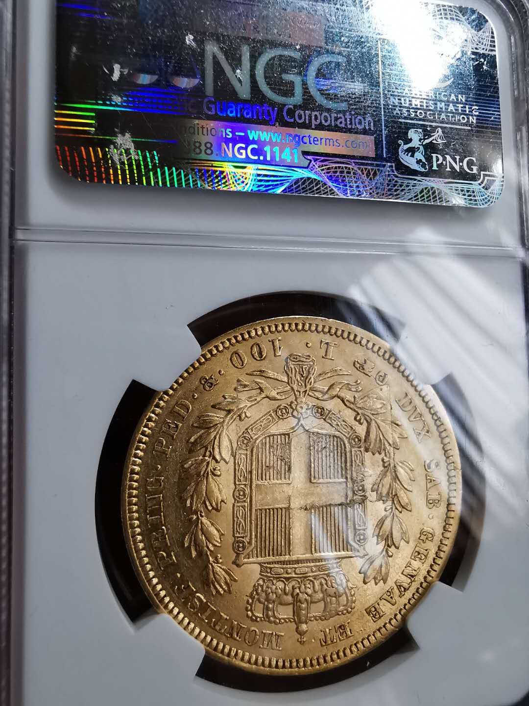 凡希社世界钱币微拍第一百十一期 稀少！1835意大利撒丁岛100里拉大金NGC-AU53