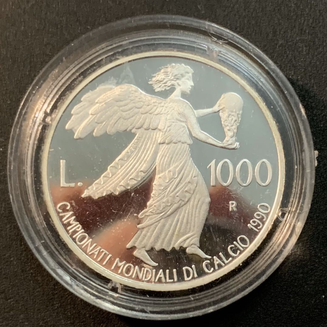 紫瑗钱币—微拍第32期  圣马力诺 1990年 意大利世界杯 1000里拉 14.6克 0.835银 精制