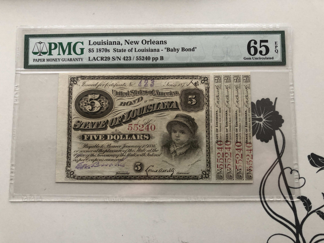 【收藏联盟】第124期拍卖——征服者科尔特斯（共50拍） 美国 路易斯安纳洲 1870年代 5美金小额债券 PMG65EPQ