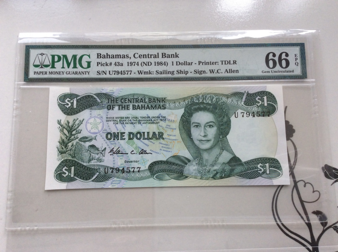 【收藏联盟】第124期拍卖——征服者科尔特斯（共50拍） 巴哈马 1984年1元 PMG66EPQ  p43a 女王纸币