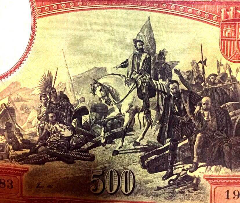 【收藏联盟】第124期拍卖——征服者科尔特斯（共50拍） 西班牙 1935年 500比塞塔 PMG66EPQ  p89 经典大方块 雕刻非常细腻大气 值得珍藏