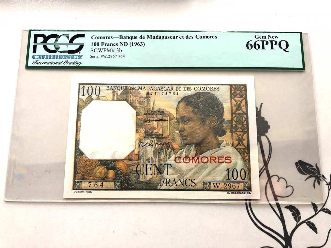 【收藏联盟】第124期拍卖——征服者科尔特斯（共50拍） 科摩罗 1963年 100法郎 PCGS66EPQ 绝品 法属风情 全新UNC