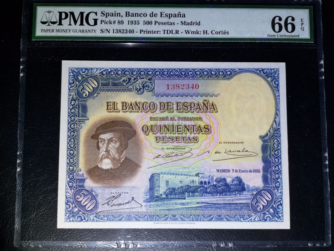 【收藏联盟】第124期拍卖——征服者科尔特斯（共50拍） 西班牙 1935年 500比塞塔 PMG66EPQ  p89 经典大方块 雕刻非常细腻大气 值得珍藏