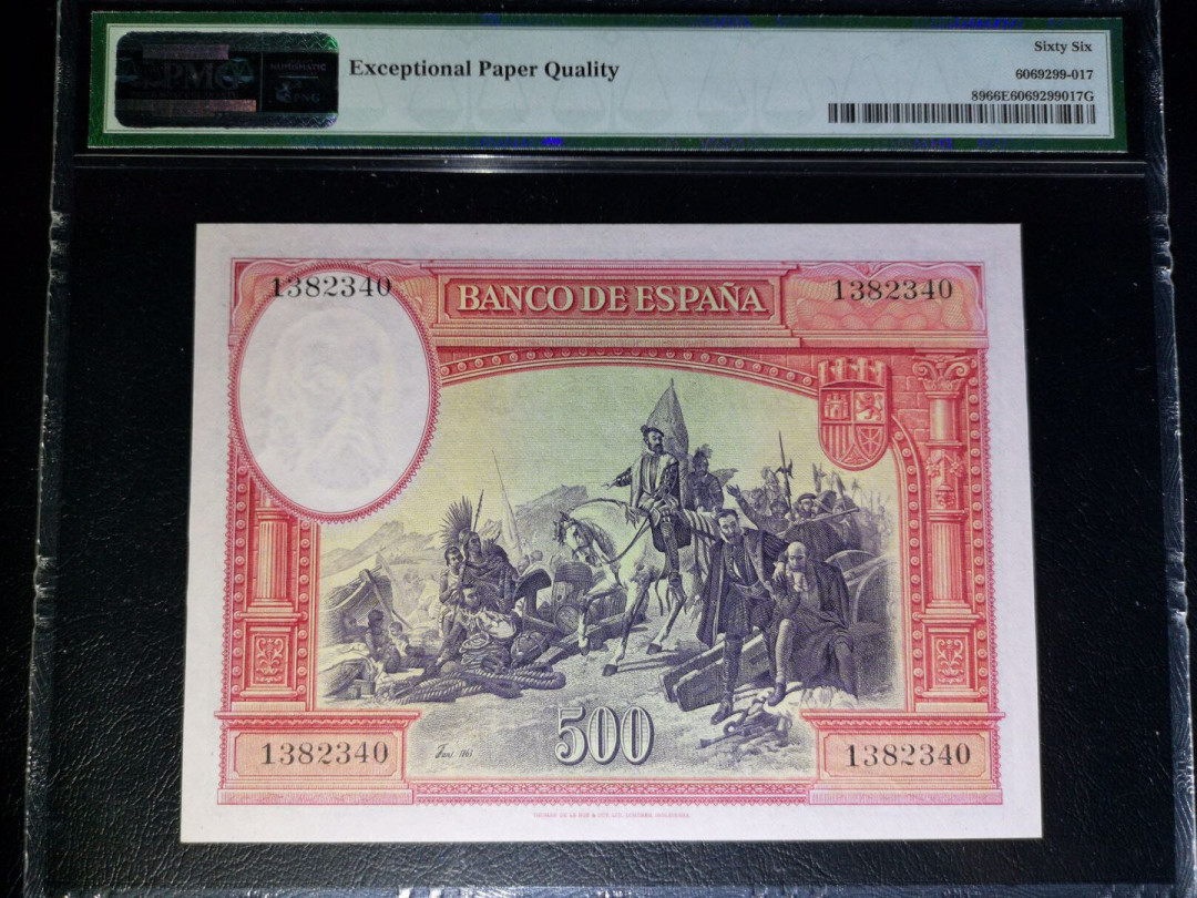 【收藏联盟】第124期拍卖——征服者科尔特斯（共50拍） 西班牙 1935年 500比塞塔 PMG66EPQ  p89 经典大方块 雕刻非常细腻大气 值得珍藏