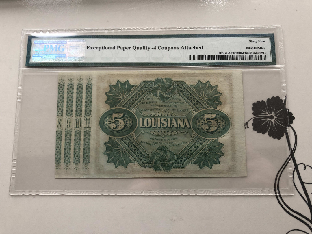【收藏联盟】第124期拍卖——征服者科尔特斯（共50拍） 美国 路易斯安纳洲 1870年代 5美金小额债券 PMG65EPQ