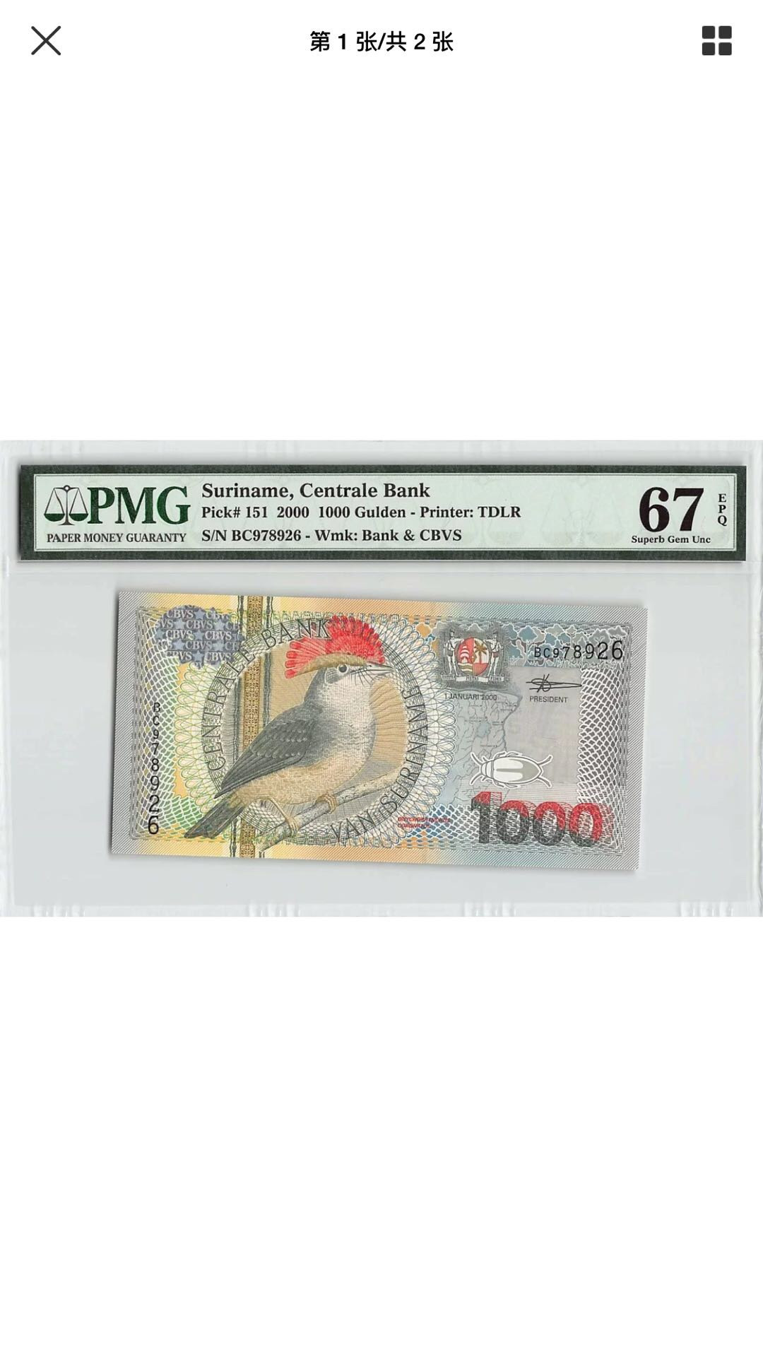 【鲸贝乐淘】千字文·第“化被草木”号拍卖 精美鸟钞，苏里南🇸🇷2000年1000元，pmg67