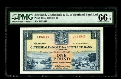 【收藏联盟】第125期拍卖——风笛之师（共40拍） - 苏格兰 1954年 1镑 PMG66EPQ  p191a非常精美 双雕 风景醉人