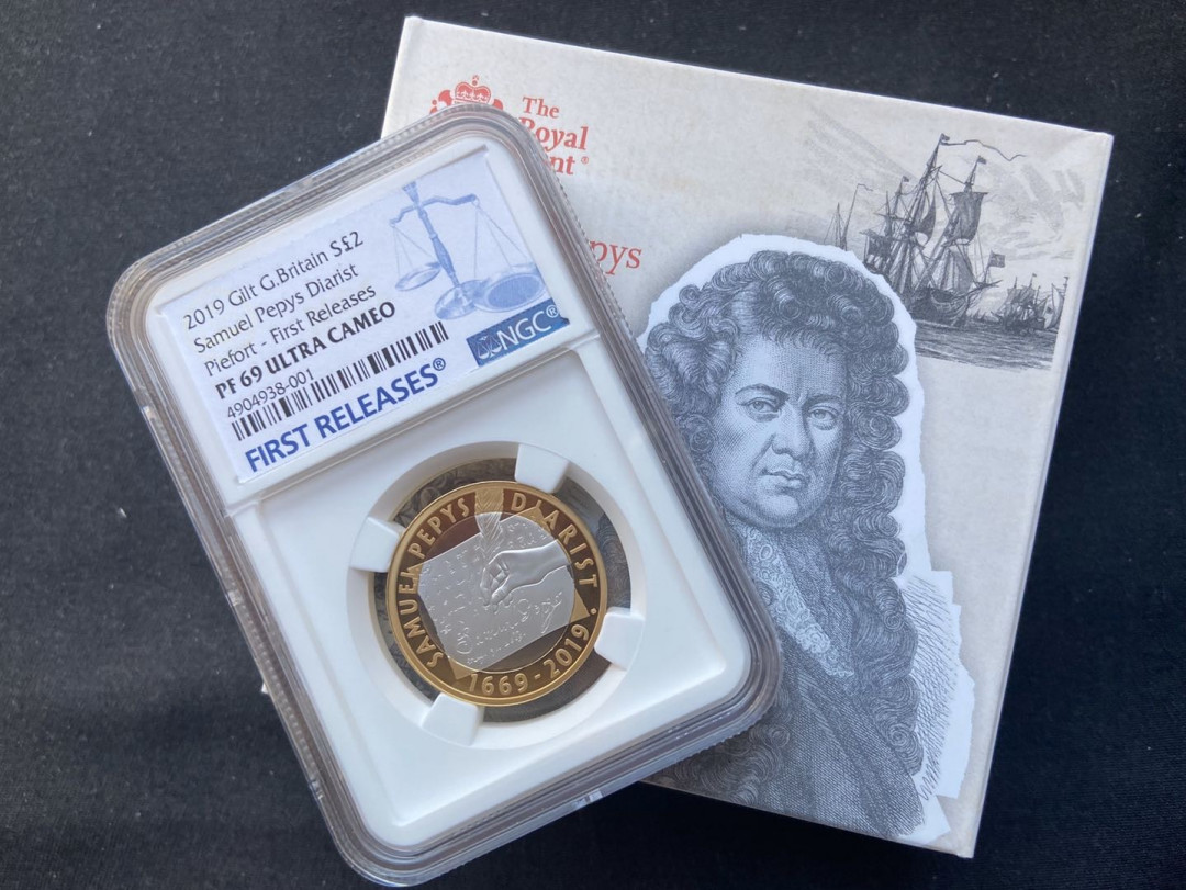 【币观天下】第九十九期钱币拍卖 【英国】2019佩皮斯日记加厚双色银币【ngc69】