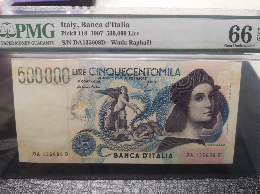 《外钞收藏家》第七十六期拍卖 1997年50万里拉 拉斐尔 pmg66  无47尾8