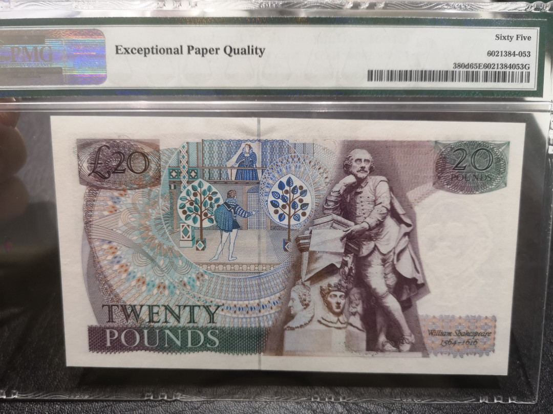《外钞收藏家》第七十六期拍卖 英国D序列20镑 pmg65  大票幅 莎士比亚水印