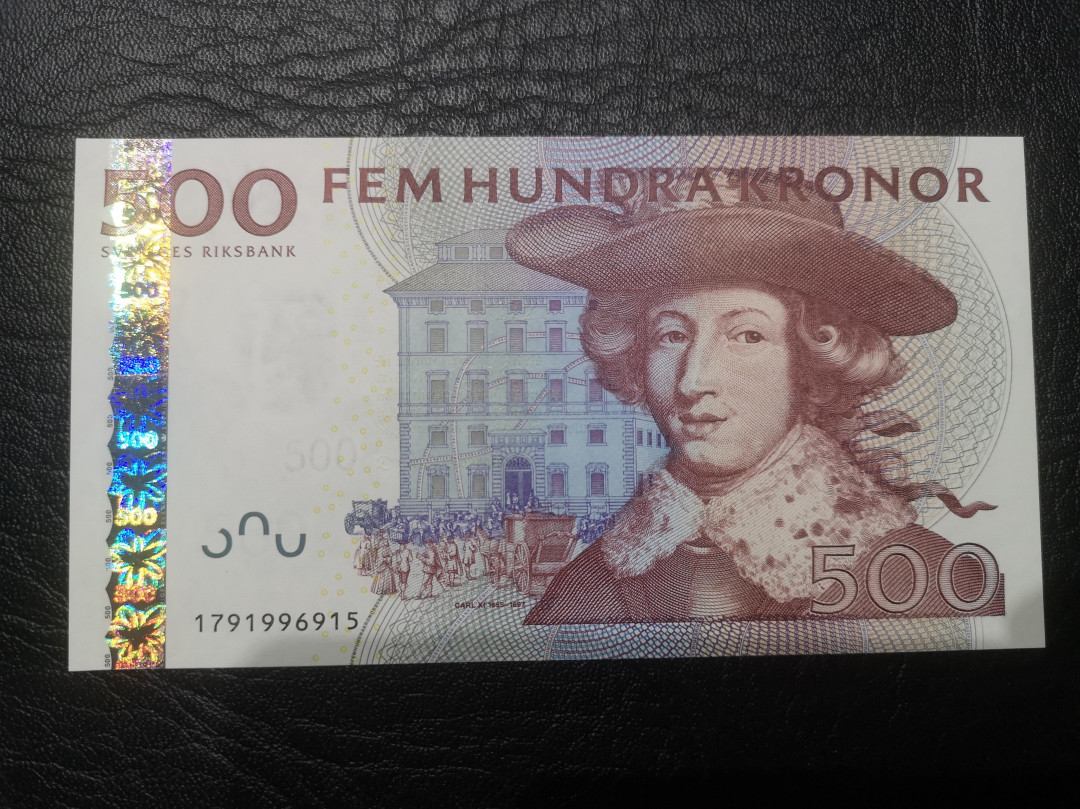 《外钞收藏家》第七十六期拍卖 瑞典倒二版 500克朗 卡尔 全新unc