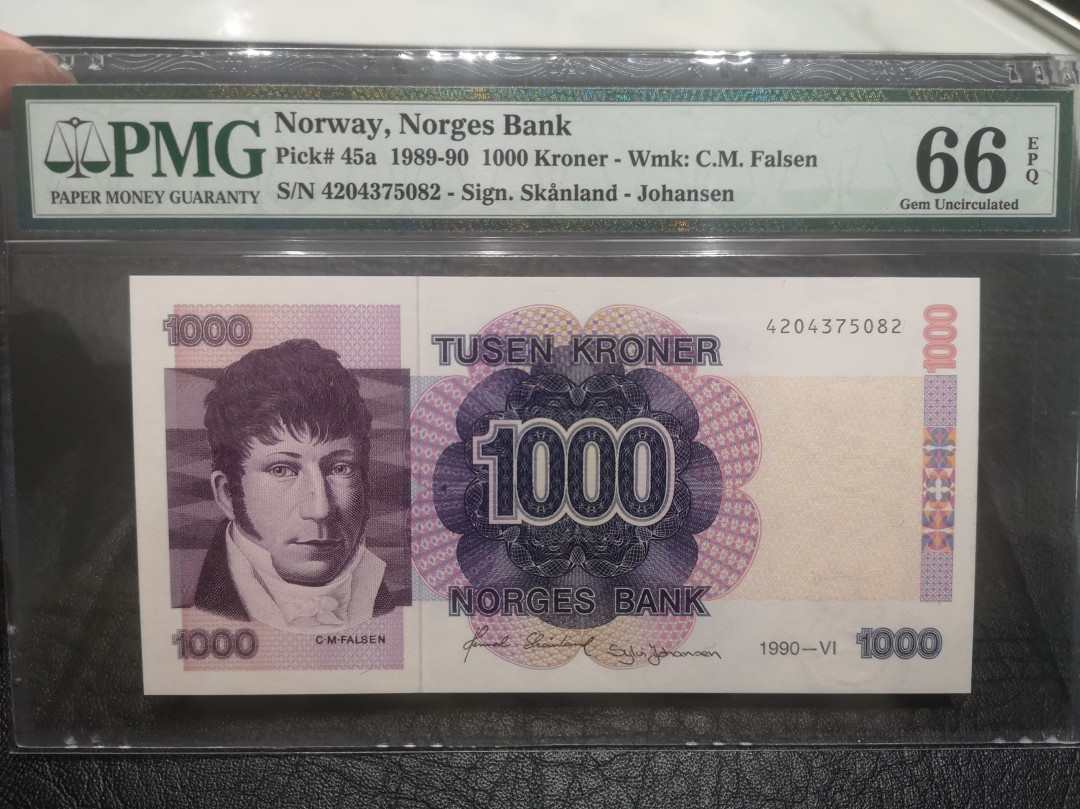 《外钞收藏家》第七十六期拍卖 挪威1990年100克朗 初版 pmg66 纸币品相绝 无任何瑕疵 难得好品