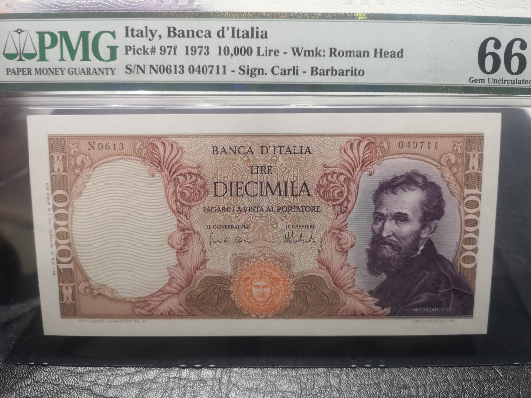 《外钞收藏家》第七十六期拍卖 意大利1973年10000里拉  米开朗基罗 pmg66 如艺术品版的纸币 人像雕刻一绝